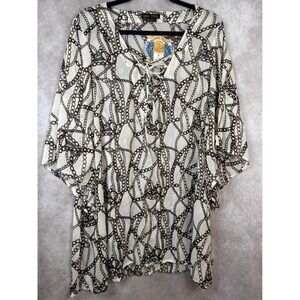 NWT MISS TINA Women White Brown Bronze Chain Print Sheer LaceUp Kimono CoverUp M